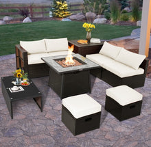 Load image into Gallery viewer, Elegant 9 Pieces Patio PE Wicker Patio Furniture Sectional Set | 50,000 BTU Fire Pit Table | 6 Colours | Storage | Cover | Very Comfortable
