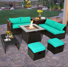 Load image into Gallery viewer, Elegant 9 Pieces Patio PE Wicker Patio Furniture Sectional Set | 50,000 BTU Fire Pit Table | 6 Colours | Storage | Cover | Very Comfortable
