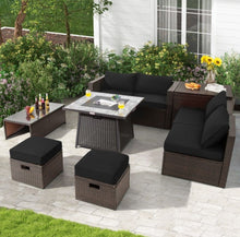 Load image into Gallery viewer, Elegant 9 Pieces Patio PE Wicker Patio Furniture Sectional Set | 50,000 BTU Fire Pit Table | 6 Colours | Storage | Cover | Very Comfortable
