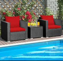 Load image into Gallery viewer, Heavy Duty Steel Frame Modern Beautiful 3-Piece Patio Furniture Wicker Rattan Conversation, Relaxing Set With Thick Comfy Cushions, 5 Colours
