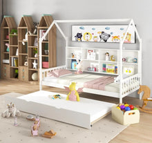 Load image into Gallery viewer, Very Adorable Twin Size Kids Montessori Day Or Night Trundle Bed With Roof, Shelf 8 Components | With Wheels | Space Saving | Solid Wood Frame | Heavy Duty
