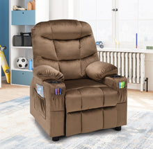 Load image into Gallery viewer, Very Cute &amp; Adorable Kids, Children’s Recliner Sofa Chair Couch With Cup Holder | Footrest Velvet Or PU Leather | Padded Backrest | Wide Armrest | Retractable Footrest | Pockets
