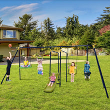 Load image into Gallery viewer, Super Fun 7-in-1 A Shaped Playground | Saucer Swing | U Shape Swing | Gym Rings | 2 Person Glide | Basketball Hoop | Slide | Monkey Bars
