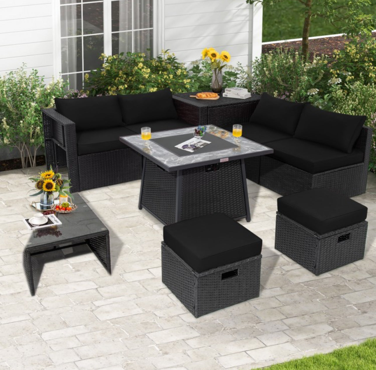 Elegant & Classy 9 Piece Outdoor Wicker Sectional With 35 Inch Gas Fire Pit Table Heavy Duty | In 6 Colours | Cover | Patio furniture