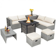 Load image into Gallery viewer, Classy &amp; Elegant 9 Piece Wicker Outdoor Patio Furniture Set With 32 Inch Propane Fire Pit Table | Storage | Cover | Comfy Seating | High Quality | PE Rattan
