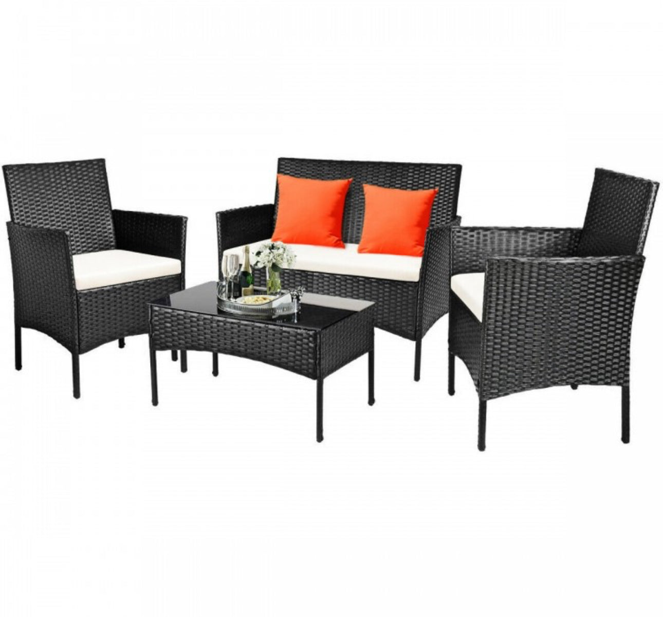 Super Relaxing 4 Piece Rattan Cushioned Sofa Patio Furniture Set With Heavy Duty Glass Coffee Table