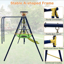 Load image into Gallery viewer, Super Fun 7-in-1 A Shaped Playground | Saucer Swing | U Shape Swing | Gym Rings | 2 Person Glide | Basketball Hoop | Slide | Monkey Bars
