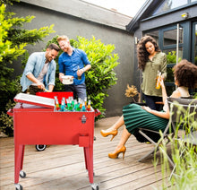 Load image into Gallery viewer, Heavy Duty Cool Red Portable Patio Cooler Cart With Side Bottle Opener, Cap Catcher| 80QT | BBQ | Camping | Gatherings | Drain Plug | Wheels
