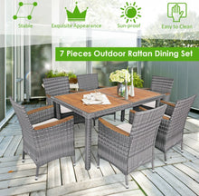 Load image into Gallery viewer, Elegant Modern Heavy Duty Comfortable 7-Piece Patio Acacia Wood Thick Comfy Cushioned Rattan Dining Set | Space Saving | Weather Resistant
