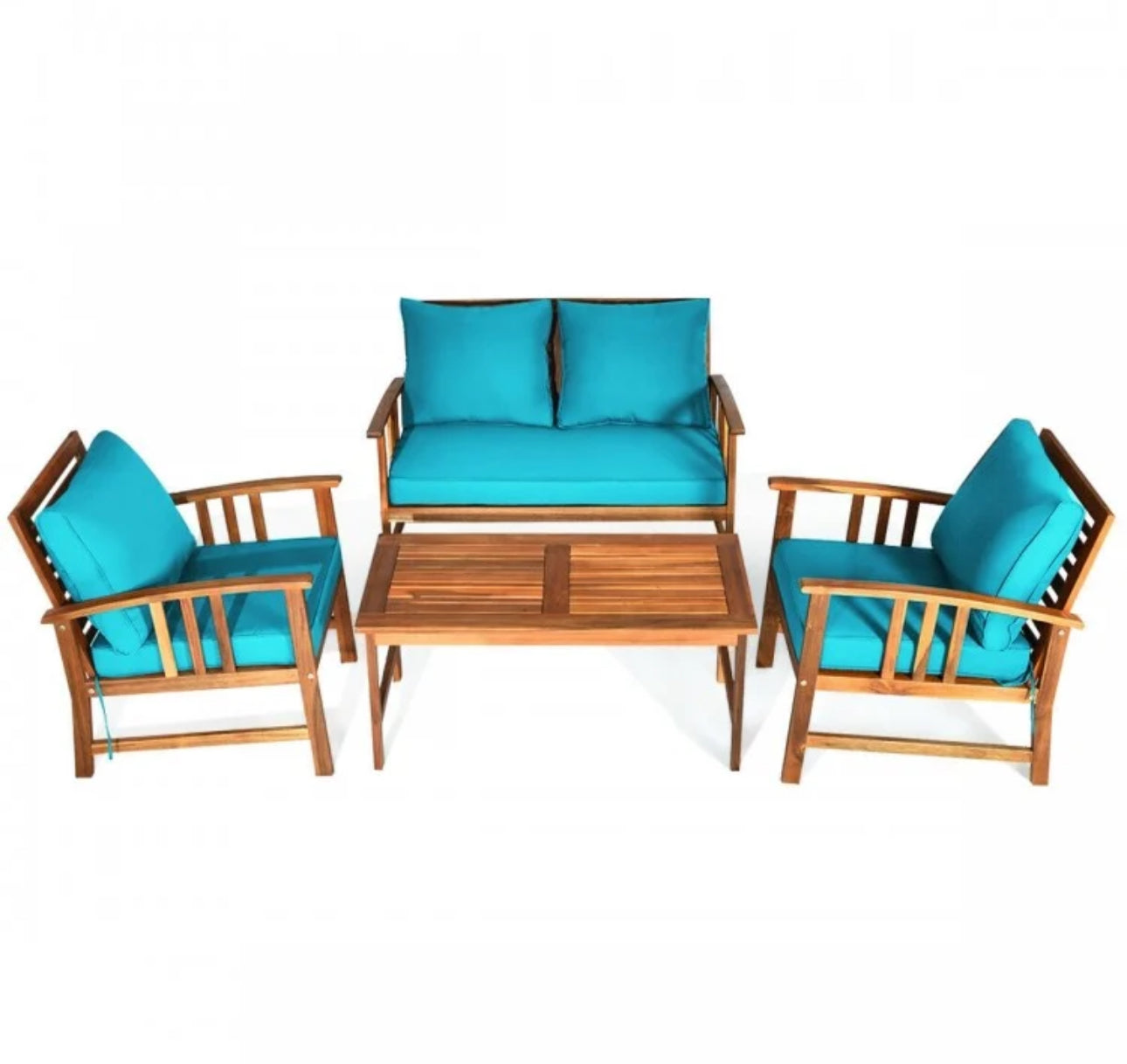 Heavy Duty Comfortable 4 Piece Acacia Wooden Patio Sofa Furniture Chair Set With Thick Cushions | Multiple Combinations