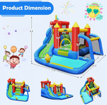 Load image into Gallery viewer, Super Cool &amp; Fun 7-in-1 Inflatable Bouncy House Splash Pool | Water Slide | Jump Area | Climb Wall | Ball Shoot | Soccer | Water Cannon | W 740W Blower
