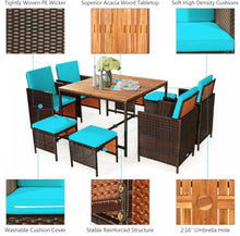 Load image into Gallery viewer, Heavy Duty Very Comfortable Modern 9-Piece Patio Rattan Dining Thick Cushioned Patio Furniture Set With Chairs, Dining Table, Ottomans, Acacia Wood
