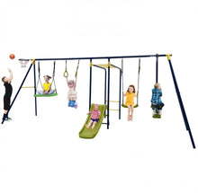 Load image into Gallery viewer, Super Fun 7-in-1 A Shaped Playground | Saucer Swing | U Shape Swing | Gym Rings | 2 Person Glide | Basketball Hoop | Slide | Monkey Bars
