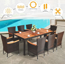 Load image into Gallery viewer, Very Relaxing Comfortable 9 Piece Heavy Duty Rattan Outdoor Patio Furniture Set Acacia Wood Table | Stackable Cushion Chairs
