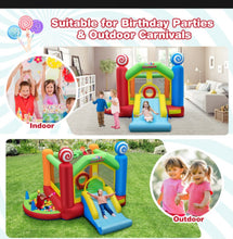 Load image into Gallery viewer, Super Cool Inflatable Kids Candy Land Theme Bouncy House Castle | 735W Blower | Jumping Area | Slide | Balls | Ball Pit | Basketball
