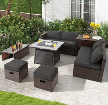 Load image into Gallery viewer, Elegant 9 Pieces Patio PE Wicker Patio Furniture Sectional Set | 50,000 BTU Fire Pit Table | 6 Colours | Storage | Cover | Very Comfortable
