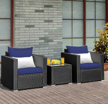 Load image into Gallery viewer, Heavy Duty Steel Frame Modern Beautiful 3-Piece Patio Furniture Wicker Rattan Conversation, Relaxing Set With Thick Comfy Cushions, 5 Colours
