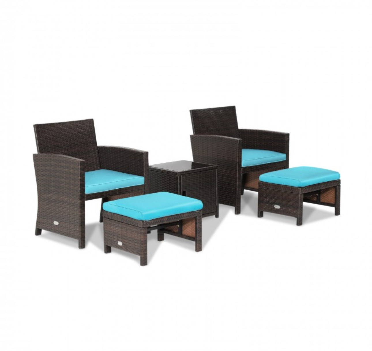 Elegant Heavy Duty 5-Piece Patio Rattan Furniture Set With Ottoman, Beautiful Tempered Glass Coffee Table | Cozy Chairs