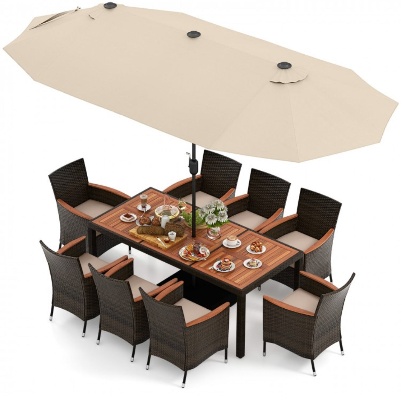 Heavy Duty Outdoor Patio 10-Piece Dining Set With 15 Feet Double-Sided Twin Patio Umbrella, Rustic Acadia Wood, Wicker, Rattan, Very Comfortable