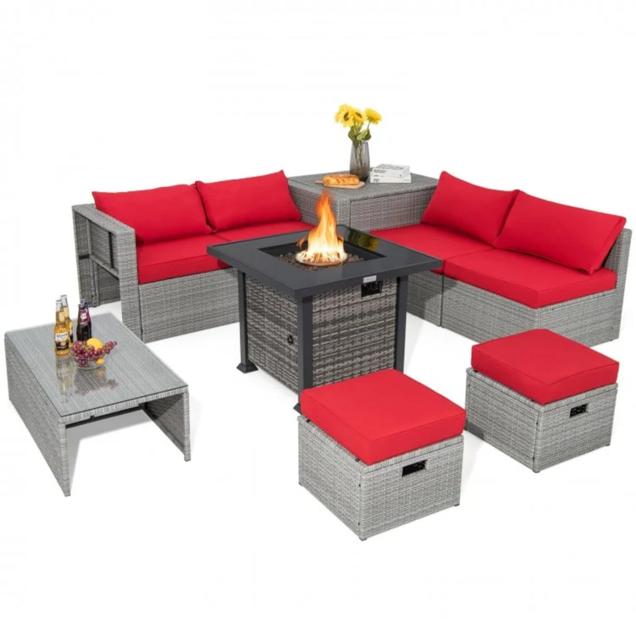 Classy & Elegant 9 Piece Wicker Outdoor Patio Furniture Set With 32 Inch Propane Fire Pit Table | Storage | Cover | Comfy Seating | High Quality | PE Rattan