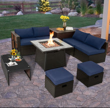 Load image into Gallery viewer, Elegant 9 Pieces Patio PE Wicker Patio Furniture Sectional Set | 50,000 BTU Fire Pit Table | 6 Colours | Storage | Cover | Very Comfortable
