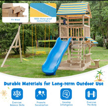 Load image into Gallery viewer, Super Fun Heavy-duty Playground For Children | 3 Swings | Monkey Bars | Climbing | Slide | Tree House Top Deck | Steering Wheel | Telescope | Sandbox | Bench | Awning
