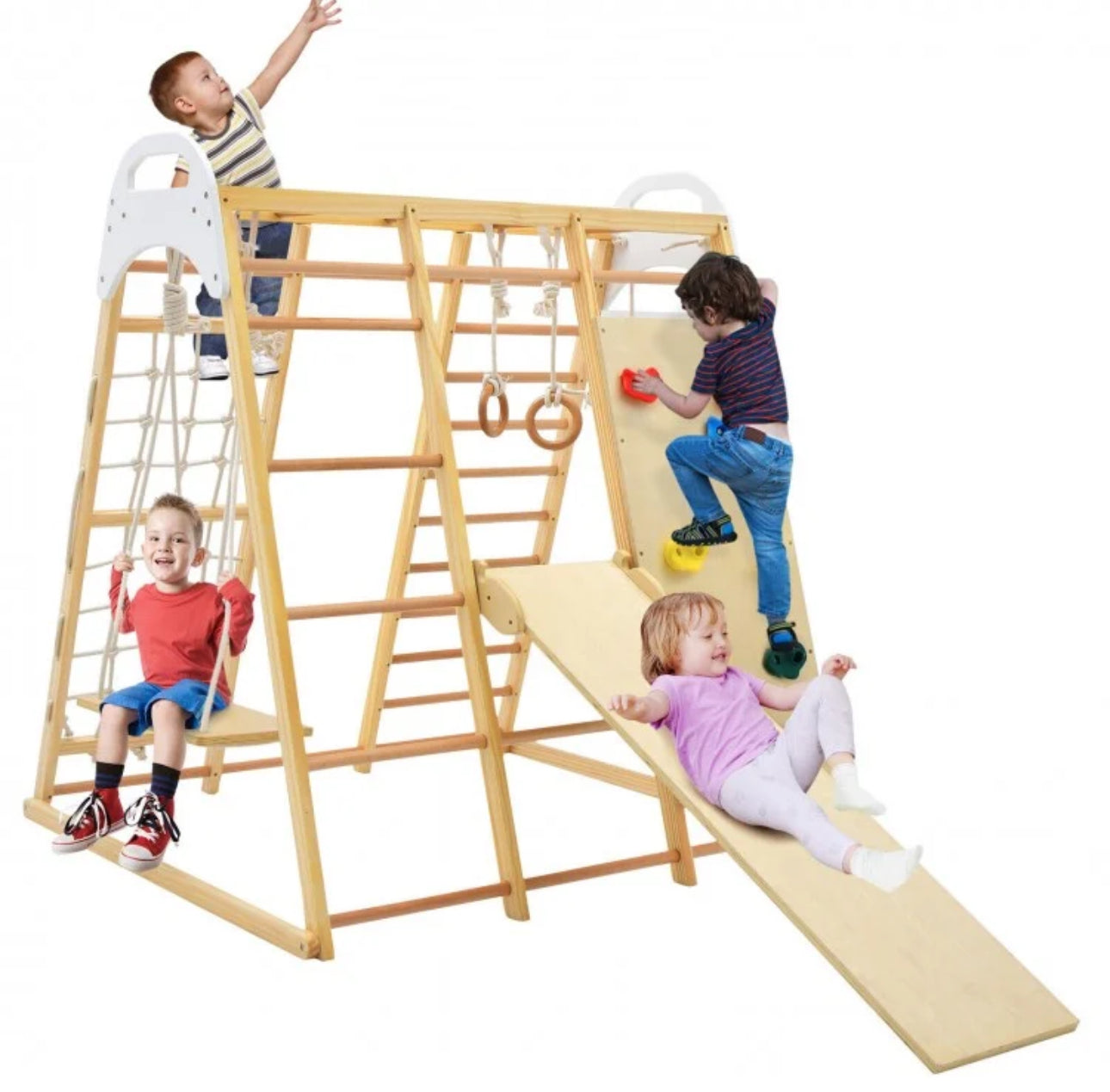 Super Cool Wooden 8-in-1 Kids Jungle Gym Playground | Monkey Bars | Climbing | Ladder | Swing | Rings | Slide | Holds 530lbs | Playground
