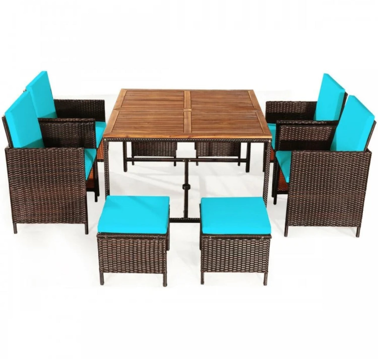 Heavy Duty Very Comfortable Modern 9-Piece Patio Rattan Dining Thick Cushioned Patio Furniture Set With Chairs, Dining Table, Ottomans, Acacia Wood