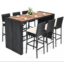 Load image into Gallery viewer, Super Elegant Heavy Duty Acacia Wood Table Top 7-Piece Patio Rattan Wicker Dining Furniture Set
