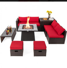 Load image into Gallery viewer, Elegant 9 Pieces Patio PE Wicker Patio Furniture Sectional Set | 50,000 BTU Fire Pit Table | 6 Colours | Storage | Cover | Very Comfortable
