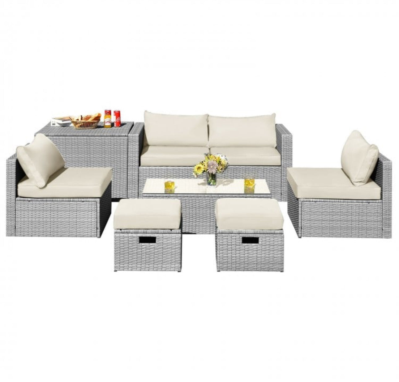 Elegant 8 Piece Patio Furniture Rattan Set With Storage Waterproof Cover & Cushions