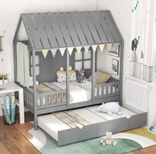 Load image into Gallery viewer, Very Adorable Elegant Twin Size Kids Bed Frame House Bed With Trundle, 82 inch Tall Roof | Heavy Duty | Space Saving |
