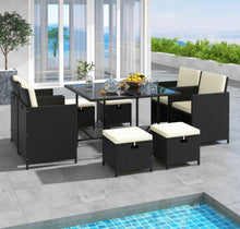 Load image into Gallery viewer, Heavy Duty Beautiful &amp; Elegant Rattan Very Comfortable 9 Piece Outdoor Patio Dining Furniture Set With Tempered Glass Table, Ottomans
