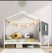 Load image into Gallery viewer, Super Cute &amp; Adorable Modern  Twin Or Full Bed Frame House With Roof Canopy And Fence For Children, Kids | Heavy Duty  | Bed Space | Montessori | Desk, Drawers
