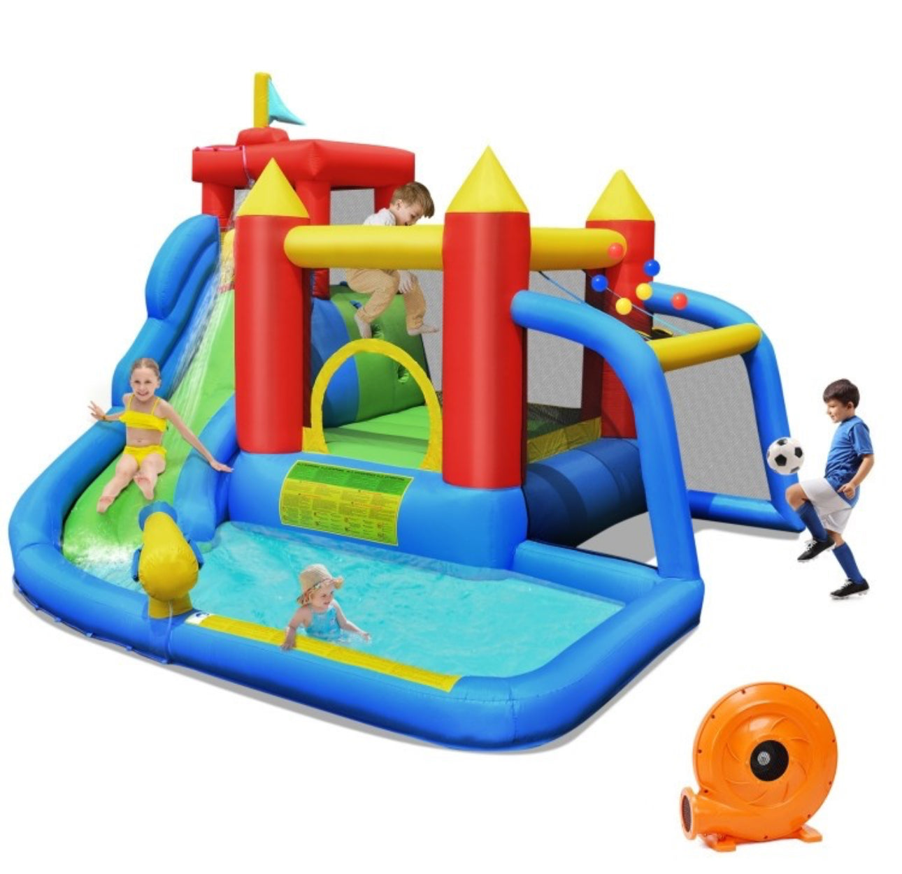 Super Cool & Fun 7-in-1 Inflatable Bouncy House Splash Pool | Water Slide | Jump Area | Climb Wall | Ball Shoot | Soccer | Water Cannon | W 740W Blower