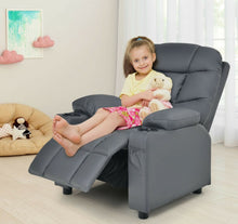 Load image into Gallery viewer, Very Cute &amp; Adorable Kids, Children’s Recliner Sofa Chair Couch With Cup Holder | Footrest Velvet Or PU Leather | Padded Backrest | Wide Armrest | Retractable Footrest | Pockets
