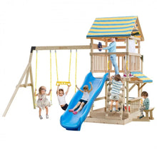 Load image into Gallery viewer, Super Fun Heavy-duty Playground For Children | 3 Swings | Monkey Bars | Climbing | Slide | Tree House Top Deck | Steering Wheel | Telescope | Sandbox | Bench | Awning
