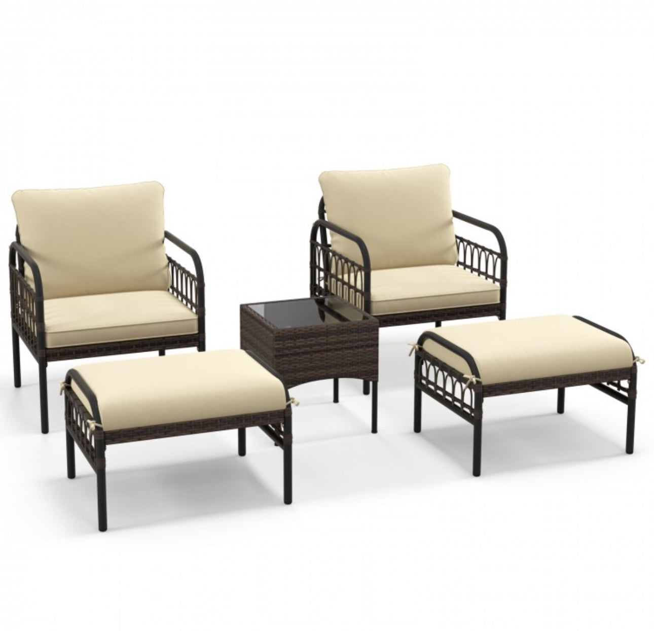 Very Relaxing Heavy Duty Beige 5-Piece Patio Rattan Conversation Set With Ottomans | Coffee Table | Comfy Cushions