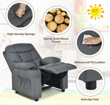 Load image into Gallery viewer, Very Cute &amp; Adorable Kids, Children’s Recliner Sofa Chair Couch With Cup Holder | Footrest Velvet Or PU Leather | Padded Backrest | Wide Armrest | Retractable Footrest | Pockets
