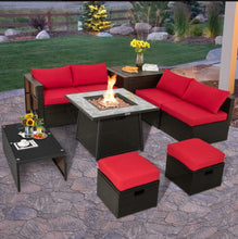 Load image into Gallery viewer, Elegant 9 Pieces Patio PE Wicker Patio Furniture Sectional Set | 50,000 BTU Fire Pit Table | 6 Colours | Storage | Cover | Very Comfortable
