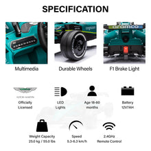 Load image into Gallery viewer, 2025 Licensed Aston Martin F1 Car 12V Ride On Car 1 Seater For Kids | 1 Seater | LED Lights | Remote | Music | Ages 3-8 | Pre Order
