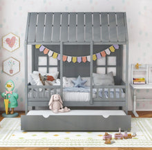 Load image into Gallery viewer, Very Adorable Elegant Twin Size Kids Bed Frame House Bed With Trundle, 82 inch Tall Roof | Heavy Duty | Space Saving |
