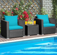 Load image into Gallery viewer, Heavy Duty Steel Frame Modern Beautiful 3-Piece Patio Furniture Wicker Rattan Conversation, Relaxing Set With Thick Comfy Cushions, 5 Colours
