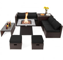 Load image into Gallery viewer, Elegant 9 Pieces Patio PE Wicker Patio Furniture Sectional Set | 50,000 BTU Fire Pit Table | 6 Colours | Storage | Cover | Very Comfortable
