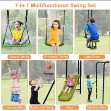 Load image into Gallery viewer, Super Fun 7-in-1 A Shaped Playground | Saucer Swing | U Shape Swing | Gym Rings | 2 Person Glide | Basketball Hoop | Slide | Monkey Bars
