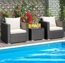 Load image into Gallery viewer, Heavy Duty Steel Frame Modern Beautiful 3-Piece Patio Furniture Wicker Rattan Conversation, Relaxing Set With Thick Comfy Cushions, 5 Colours
