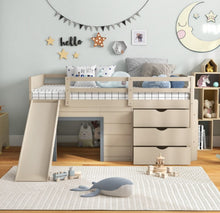 Load image into Gallery viewer, Super Cute, Adorable Heavy Duty 3-In-1 Twin Loft Bed With Smooth Slide, Side Ladder Drawers For Kids/Teens | Solid Wood Material | Bottom Game Space
