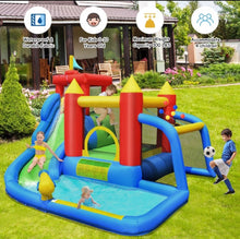 Load image into Gallery viewer, Super Cool &amp; Fun 7-in-1 Inflatable Bouncy House Splash Pool | Water Slide | Jump Area | Climb Wall | Ball Shoot | Soccer | Water Cannon | W 740W Blower
