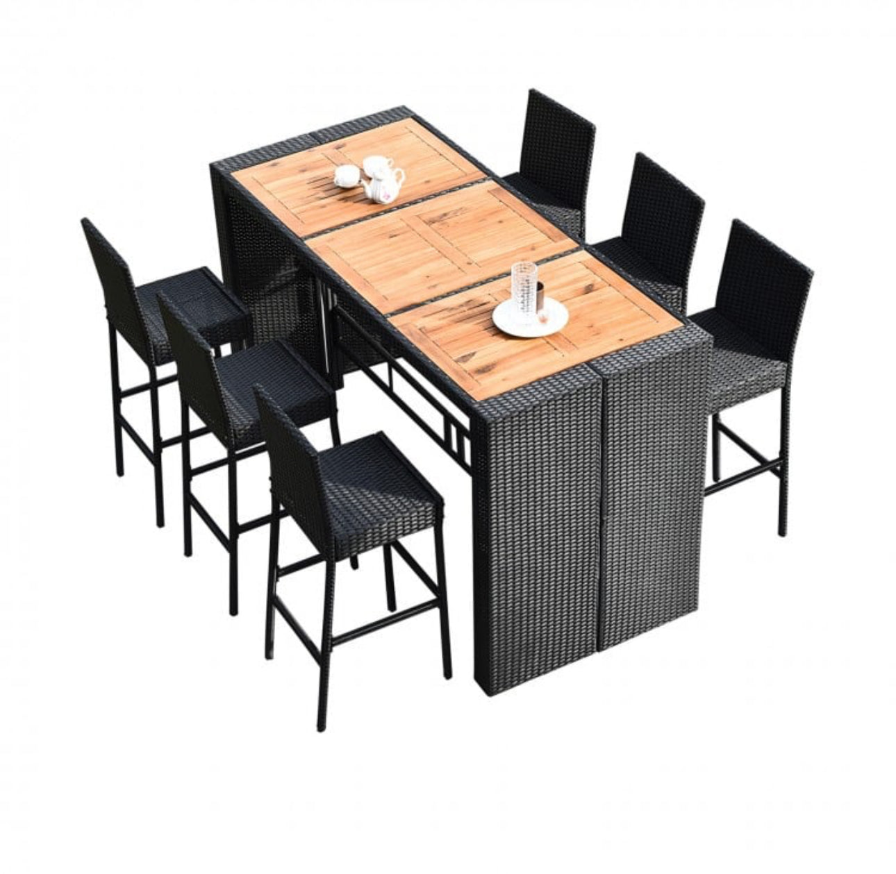 Super Elegant Heavy Duty Acacia Wood Table Top 7-Piece Patio Rattan Wicker Dining Furniture Set