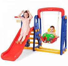 Load image into Gallery viewer, Super Fun 3-in-1 Very Colourful Children Playground Set | Slide | Climbing Stairs | Basketball Net | Swing
